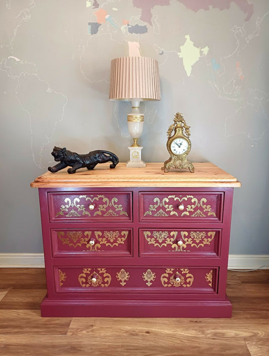 Upcycled Burgandy and Gold Chest of Drawers with Damask Design