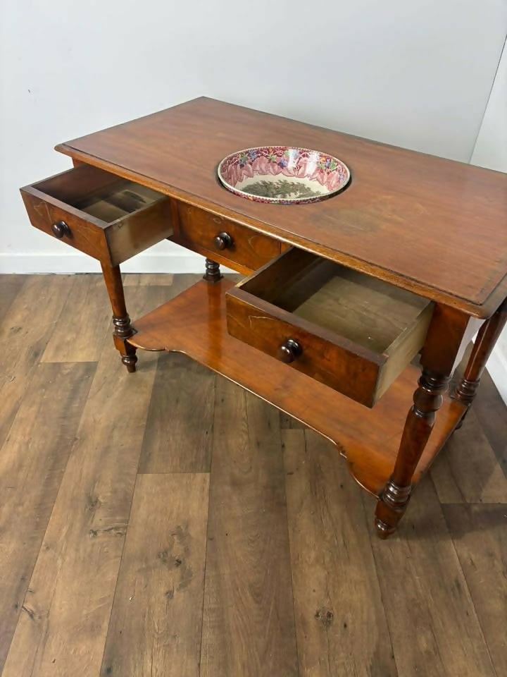 Victorian Mahogany Washstand with Two Drawers & Ceramic Bowl