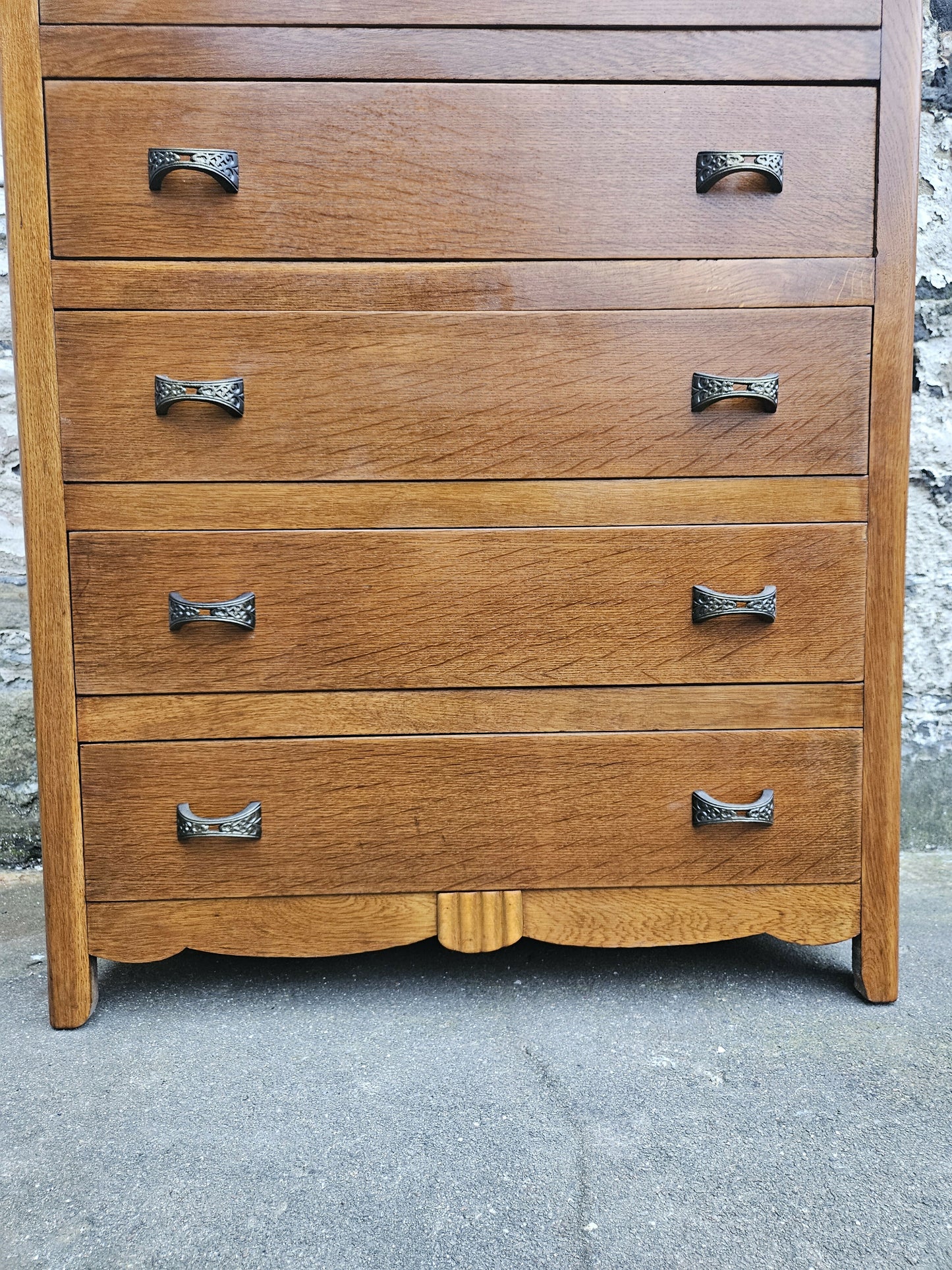 Vintage Oak Tallboy Chest of Drawers: Antique Cabinet with Detailing Five Drawer