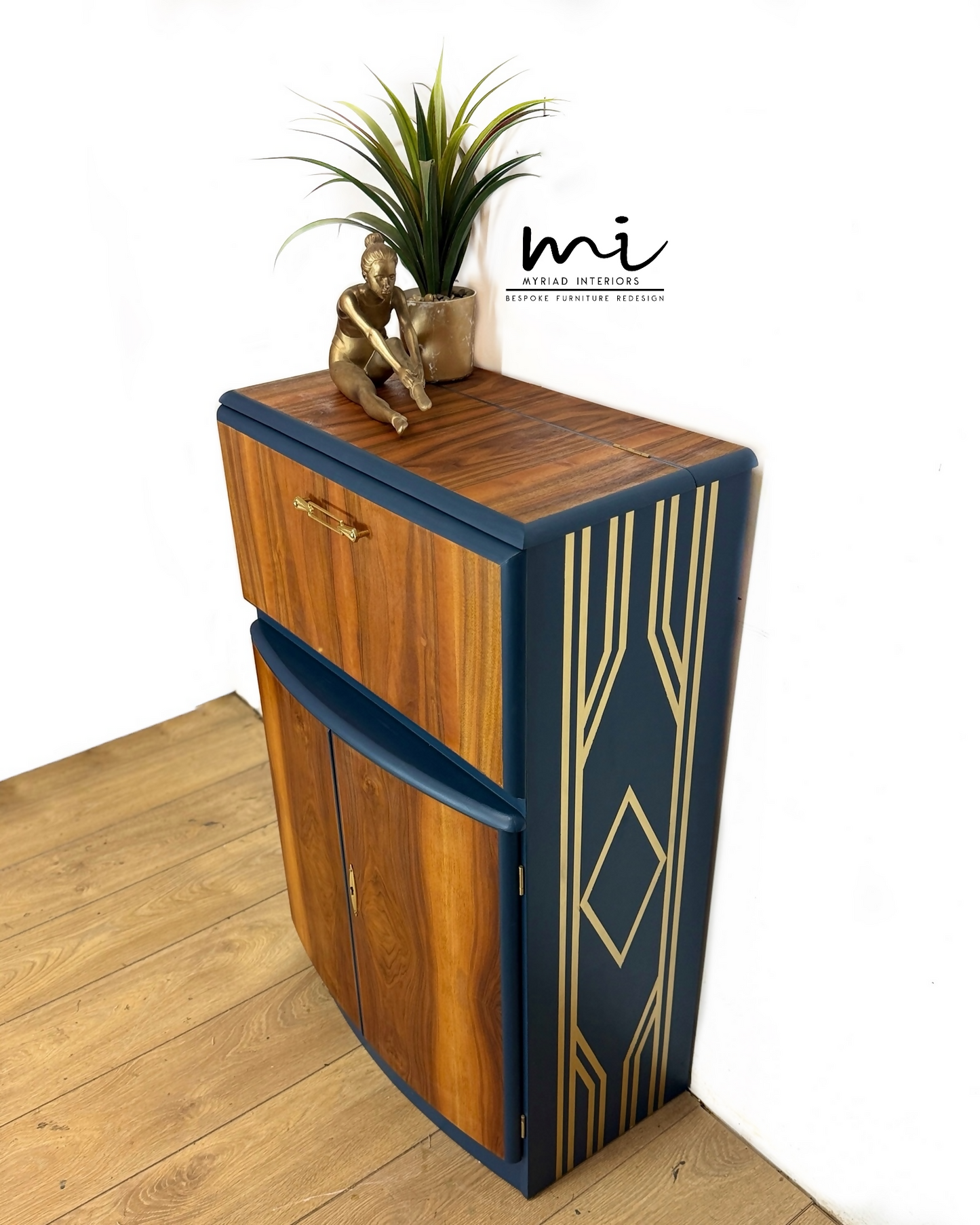 SOLD commissions available Navy Blue and Gold Art Deco Walnut Drinks Cabinet, cocktail cabinet, bar, sideboard, refurbished