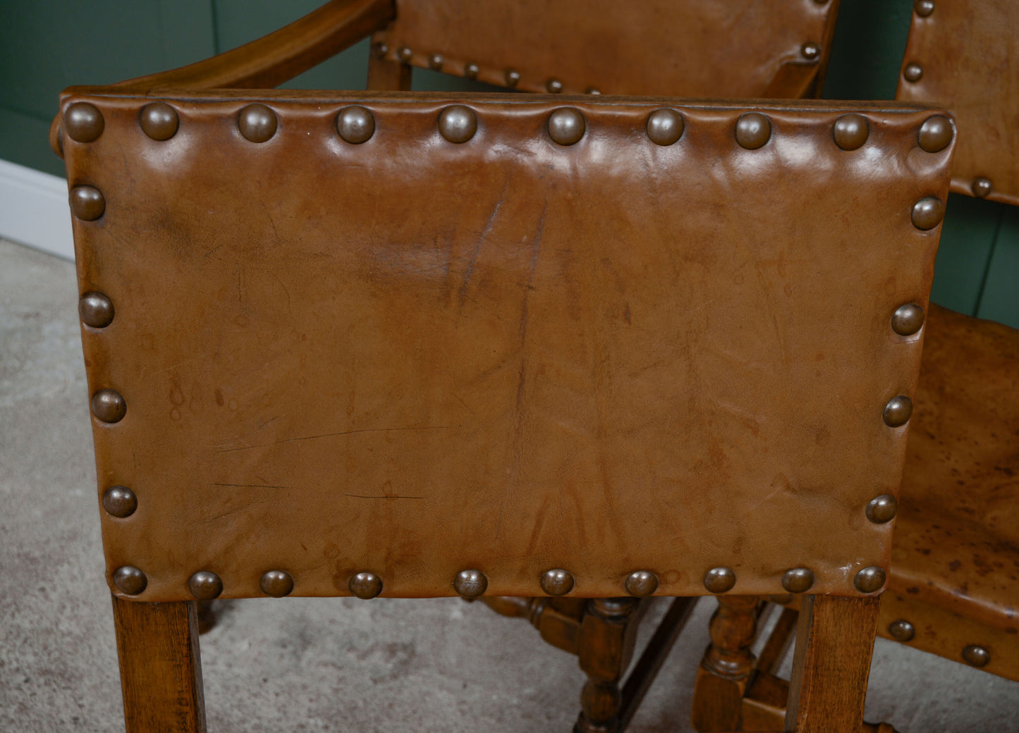 6 Oak Leather Dining Chairs - Cromwellian Style