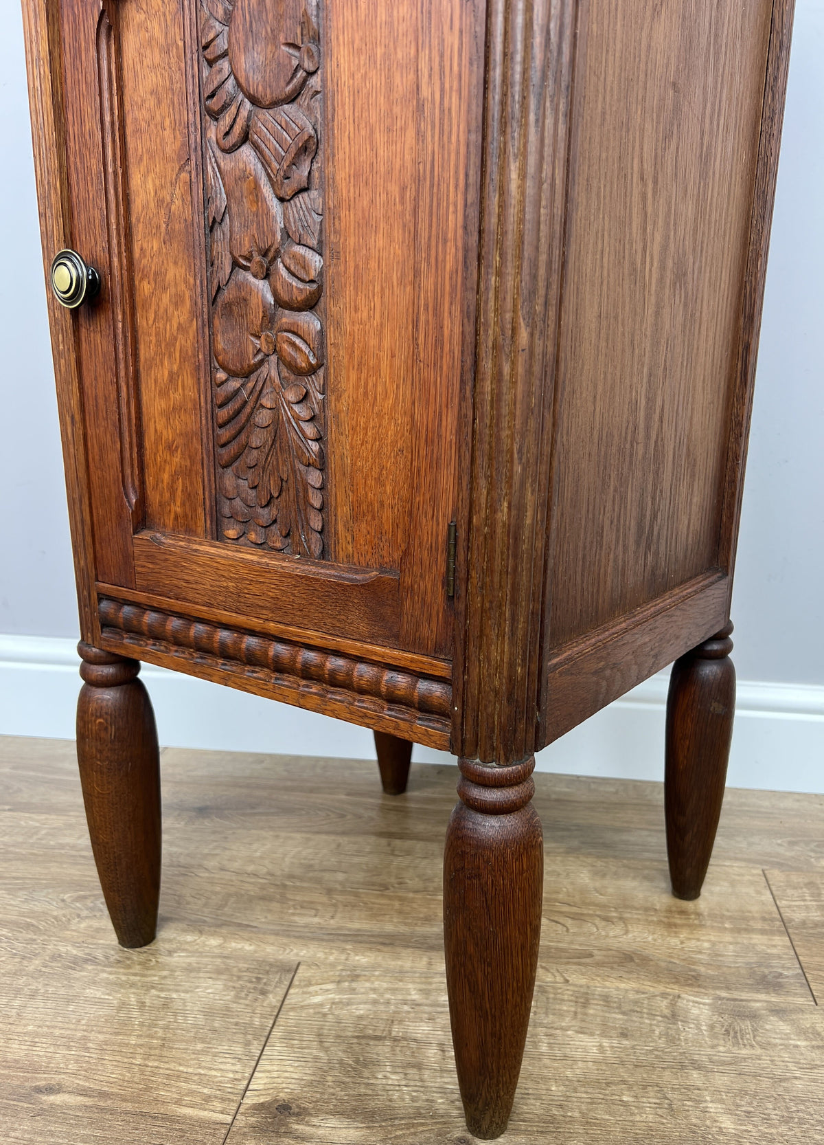 Bedside Table Antique French Style Oak Carved Marble Top Cabinet LOT 6574
