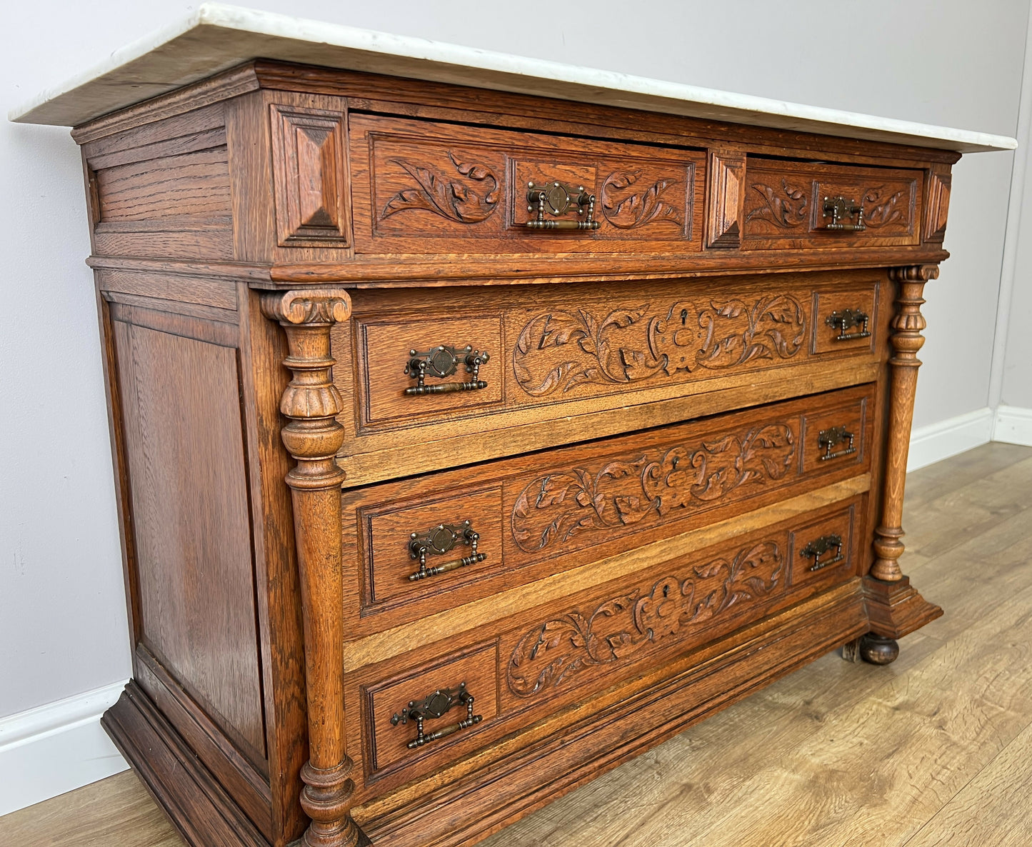 Chest of Drawers Antique French Style Oak Marble Top Carved Cabinet LOT 6450
