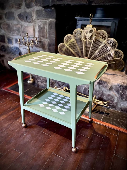 Vintage Drinks / Hostess Trolley | Sage Green Harlequin Bar Cart | Cottagecore Coffee Station
