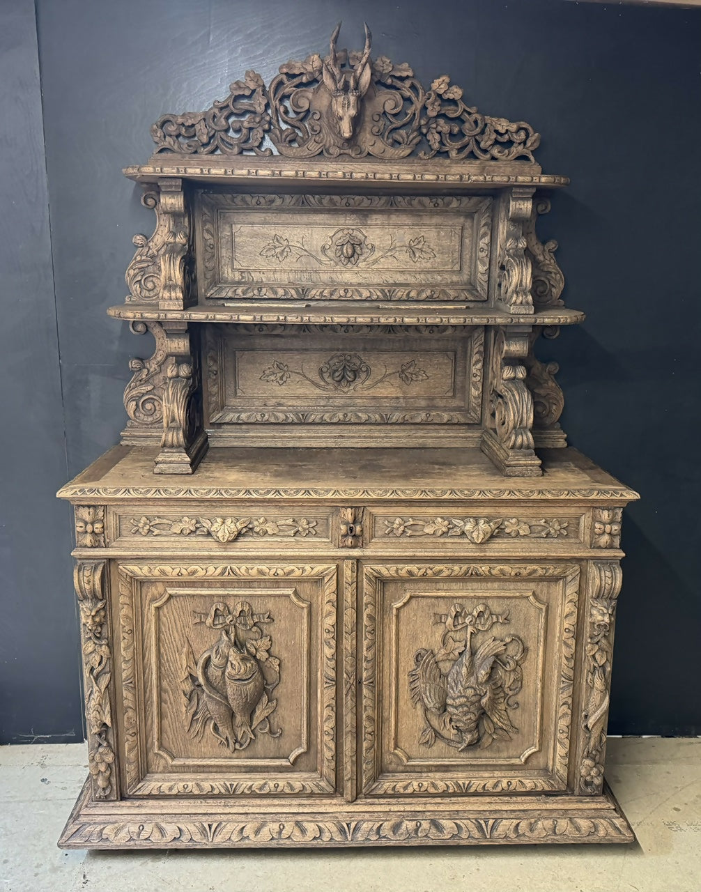 French Carved Oak Hunting Sideboard