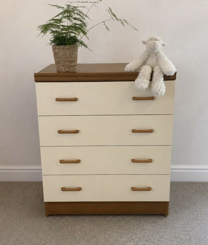 Vintage Teak Cream Bedroom Tallboy Chest Mid Century Drawers Nursery Storage