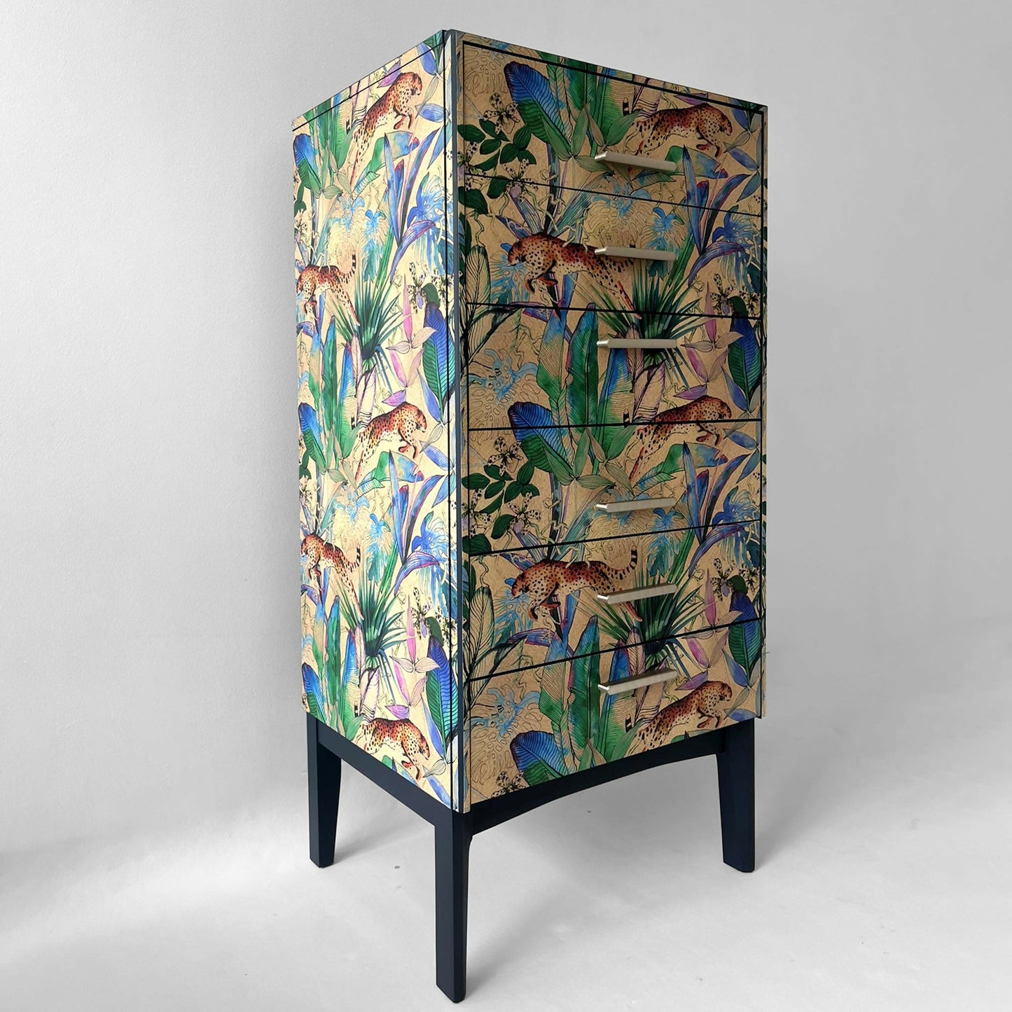 Vintage Remoloy Tallbou Chest of Drawers with Colourful Jungle Pattern and Chrome Handles