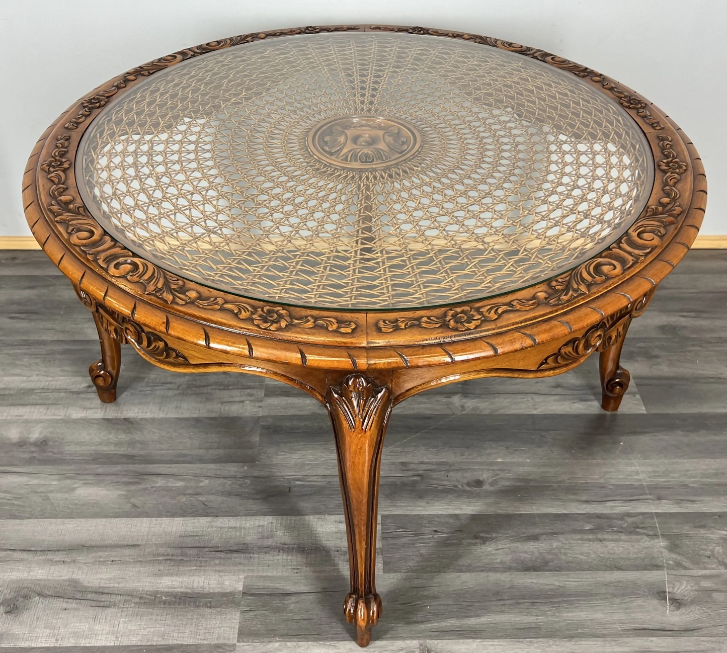 Coffee Table Vintage French Louis XIV Glass Top Ornate Cane Round Table LOT 3941
