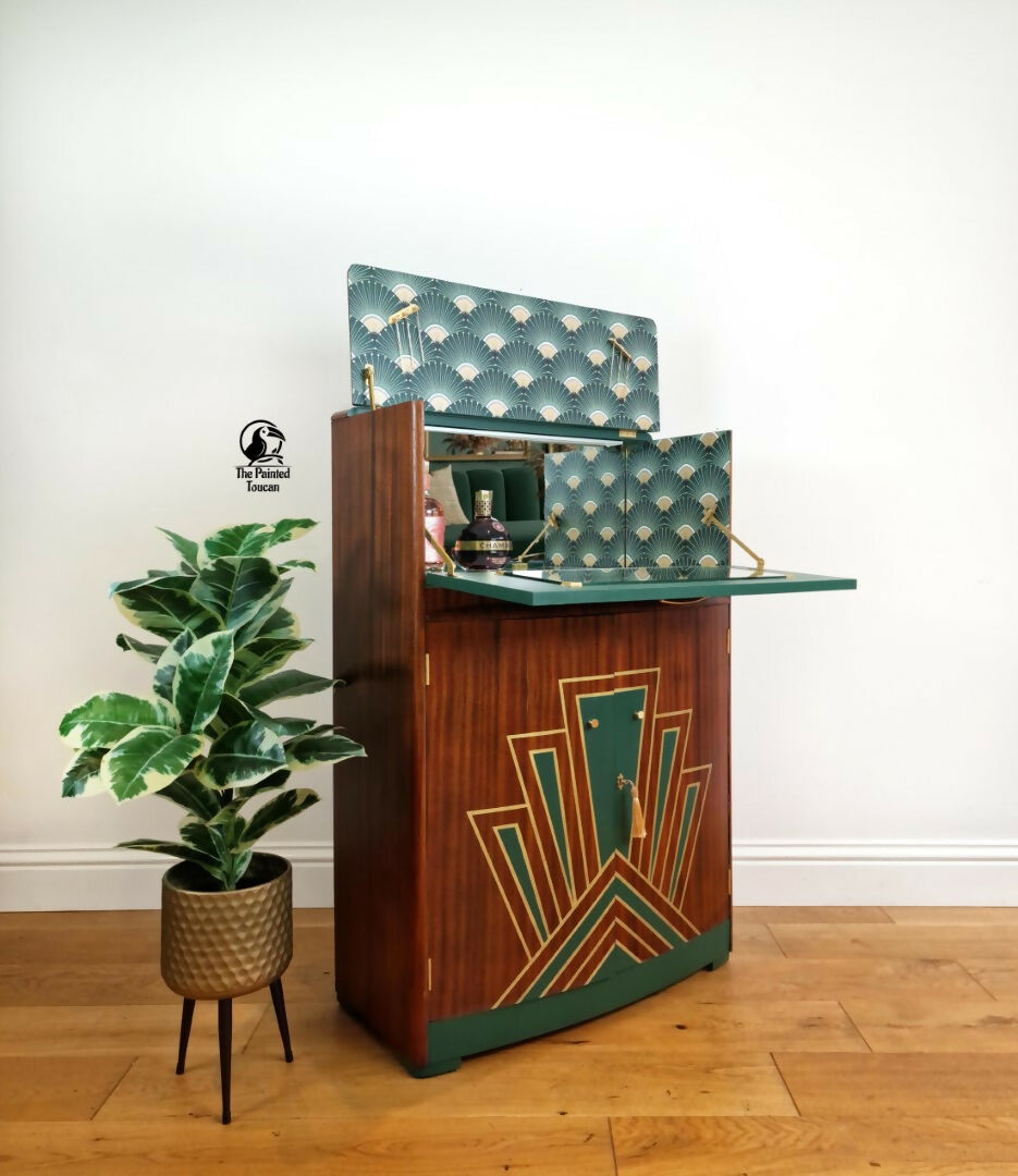 Art Deco Cocktail Cabinet | Green & Gold | Restored Vintage Drinks Cabinet