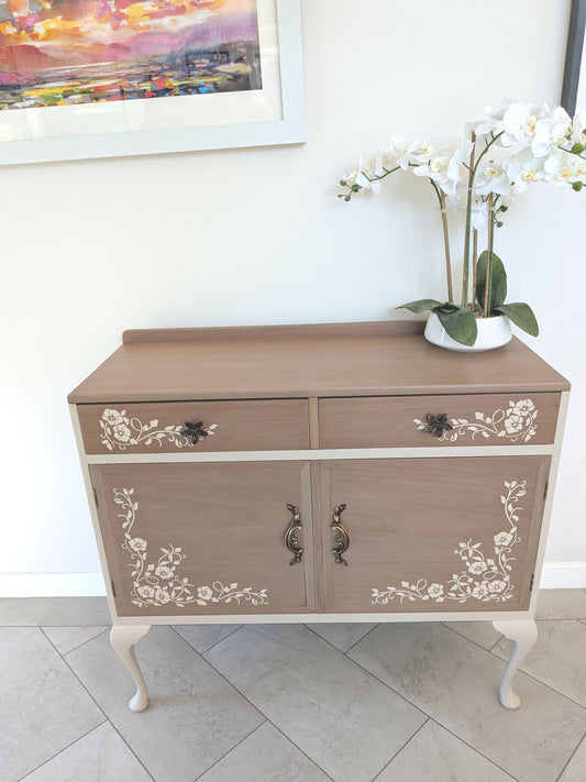 Elegant Vintage Taupe Cabinet Sideboard with Queen Anne Legs