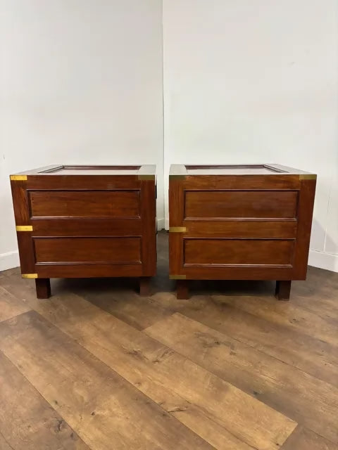 Pair of Campaign Style Hardwood Bedside Chests