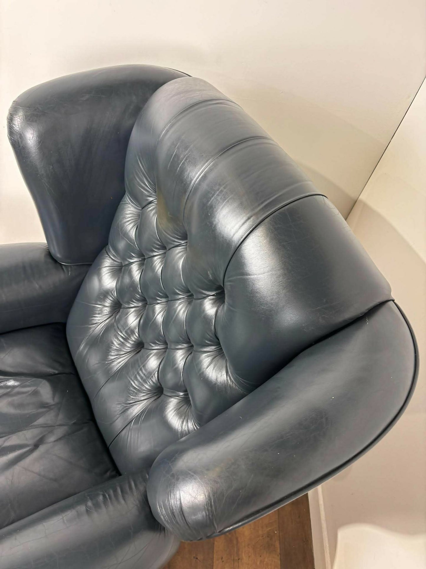 Blue Leather Chesterfield Style Wingback Armchair