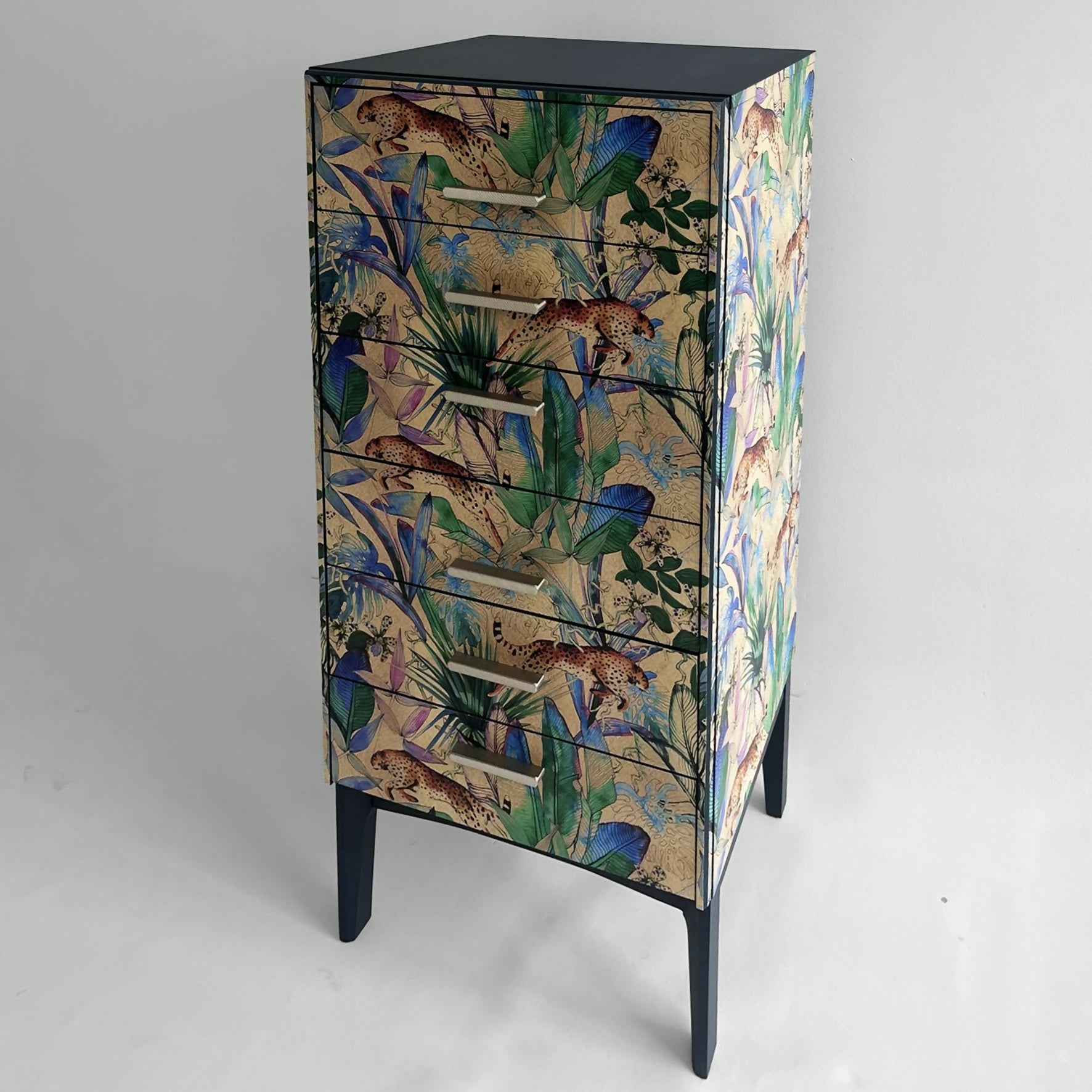 Dark Blue Vintage Remoloy Tallboy Chest of Drawers with Colourful Jungle Pattern and Chrome Handles