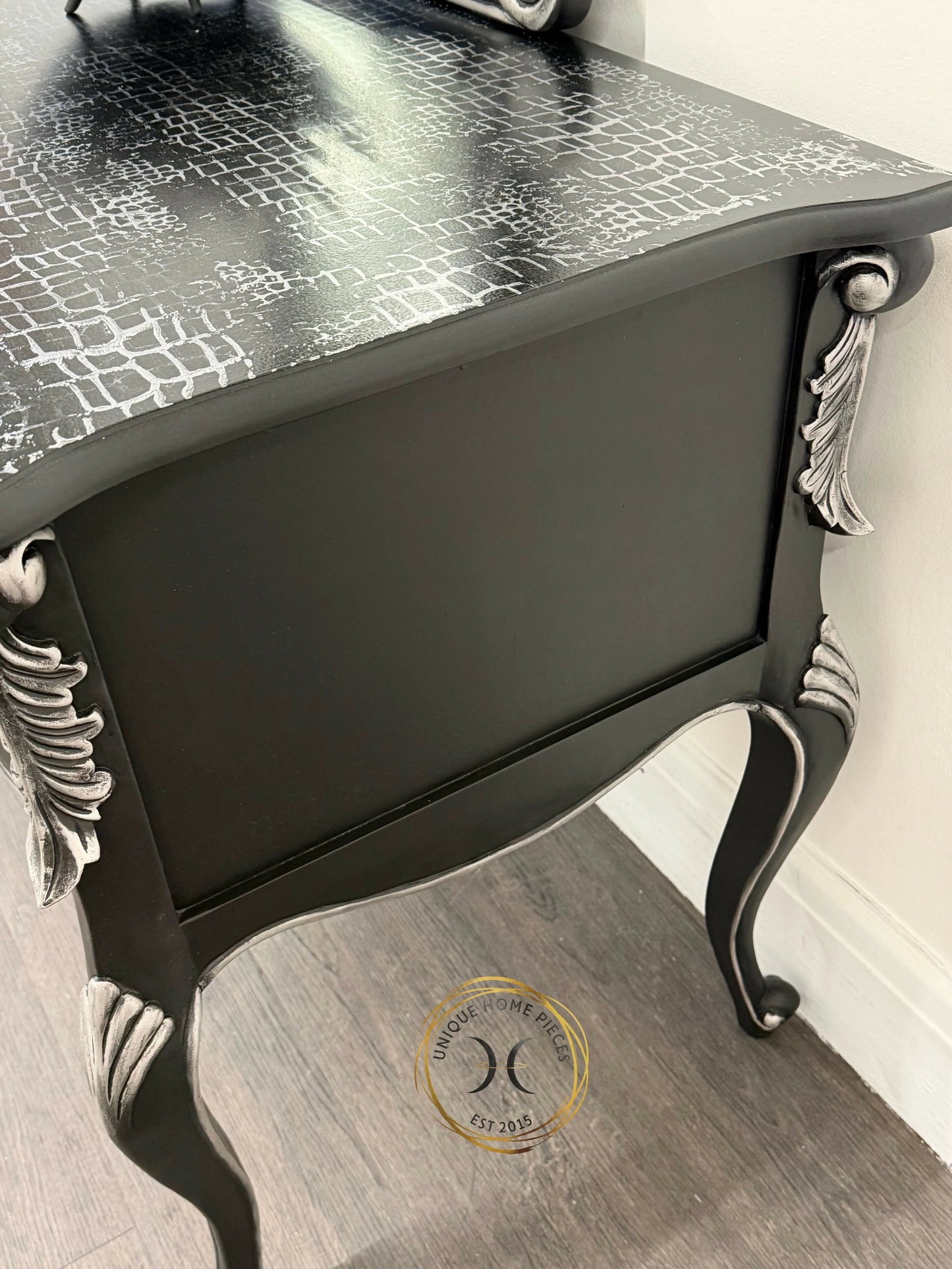 Contemporary Black and Silver French Rococo Dressing Table With Mirror
