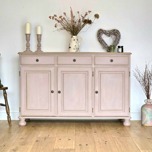 Vintage dusky pink hand-painted solid pine Ducal sideboard, cabinet, cupboard.