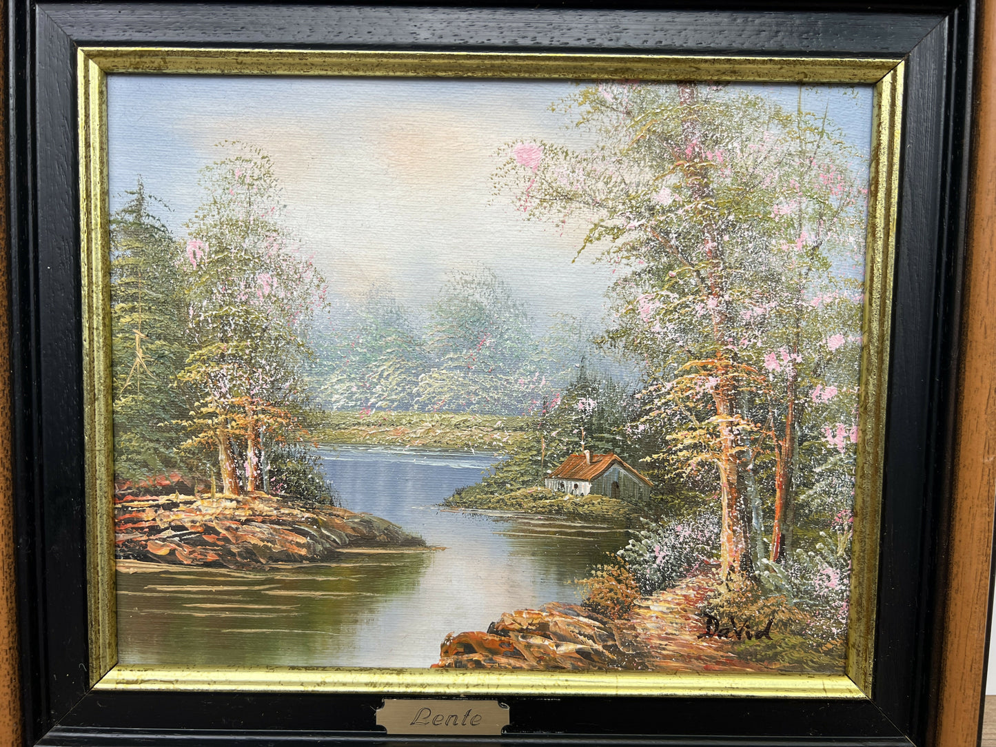 Painting Vintage French Style Signed Landscape Lake Cottage Framed LOT 6469