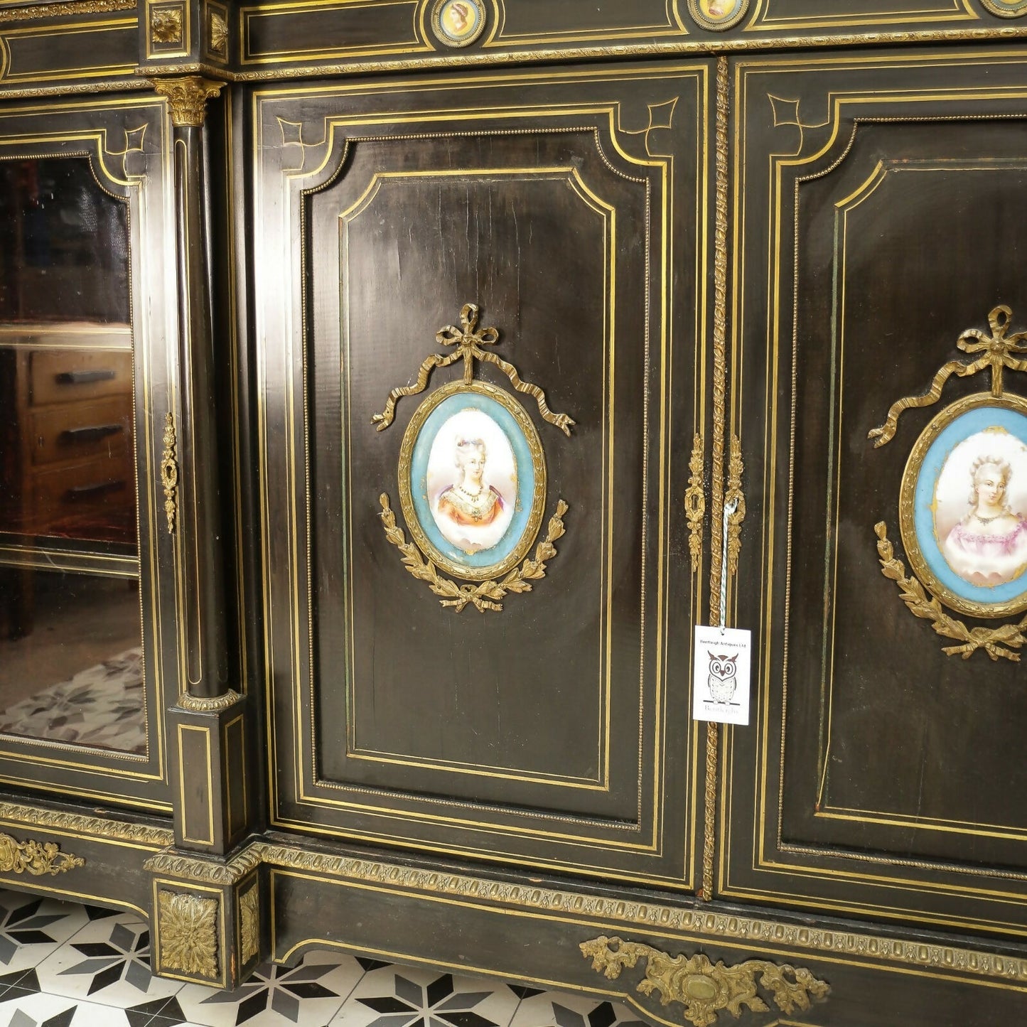 Antique Ebonised Black and Gilt Brass Credenza 19th Century with Porcelain Plaques