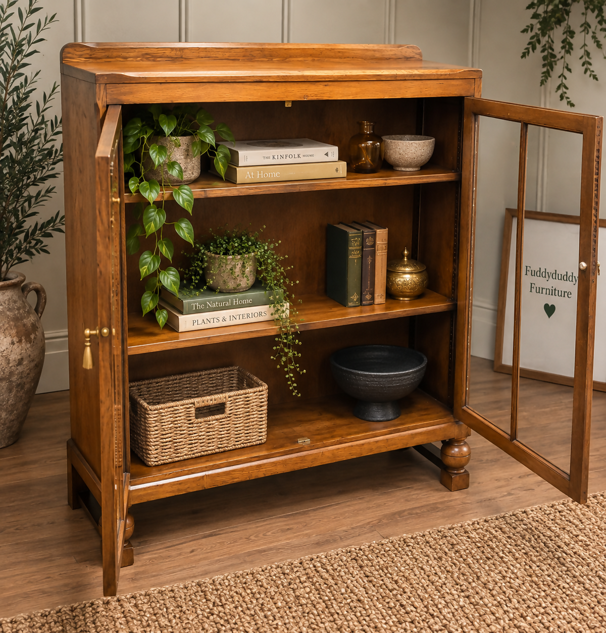 Solid Oak bookcase display cabinet slimline adjustable shelves