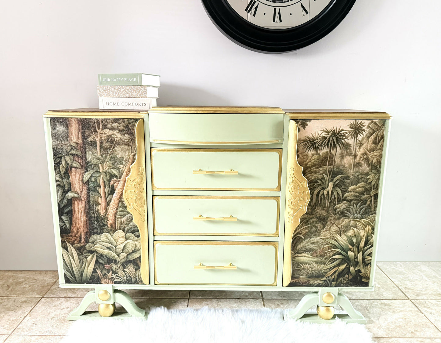 Upcycled French Provincial Cabinet in Sage Green and Tropical Jungle ,Upcycled Statement Furniture
