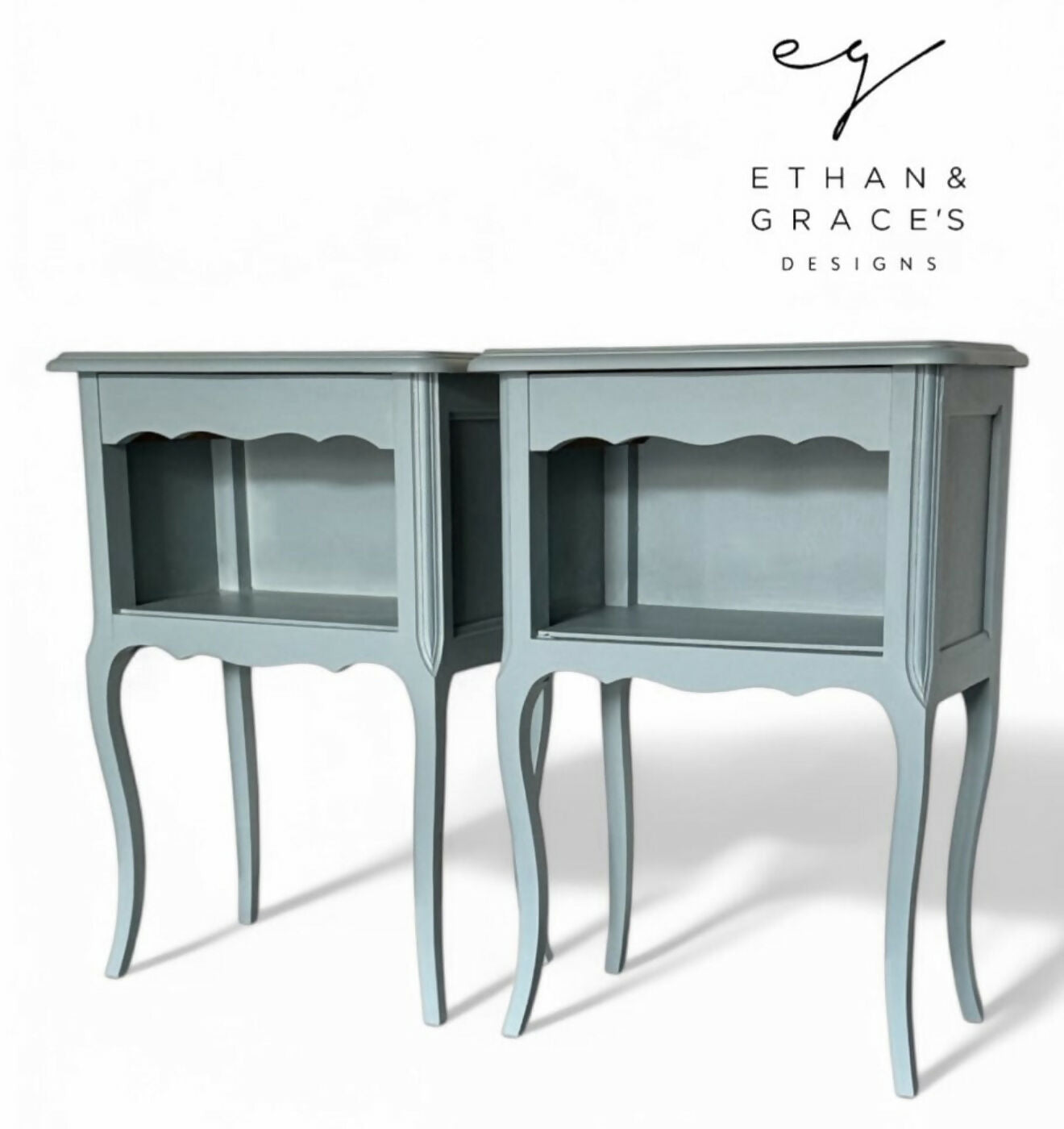 French oak bedside tables pale blue