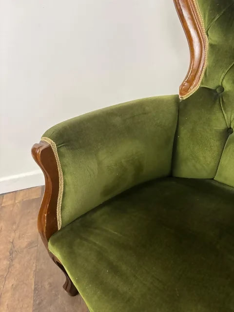 Reproduction Mahogany Green Velvet Upholstered Armchair – Furnishings Italia
