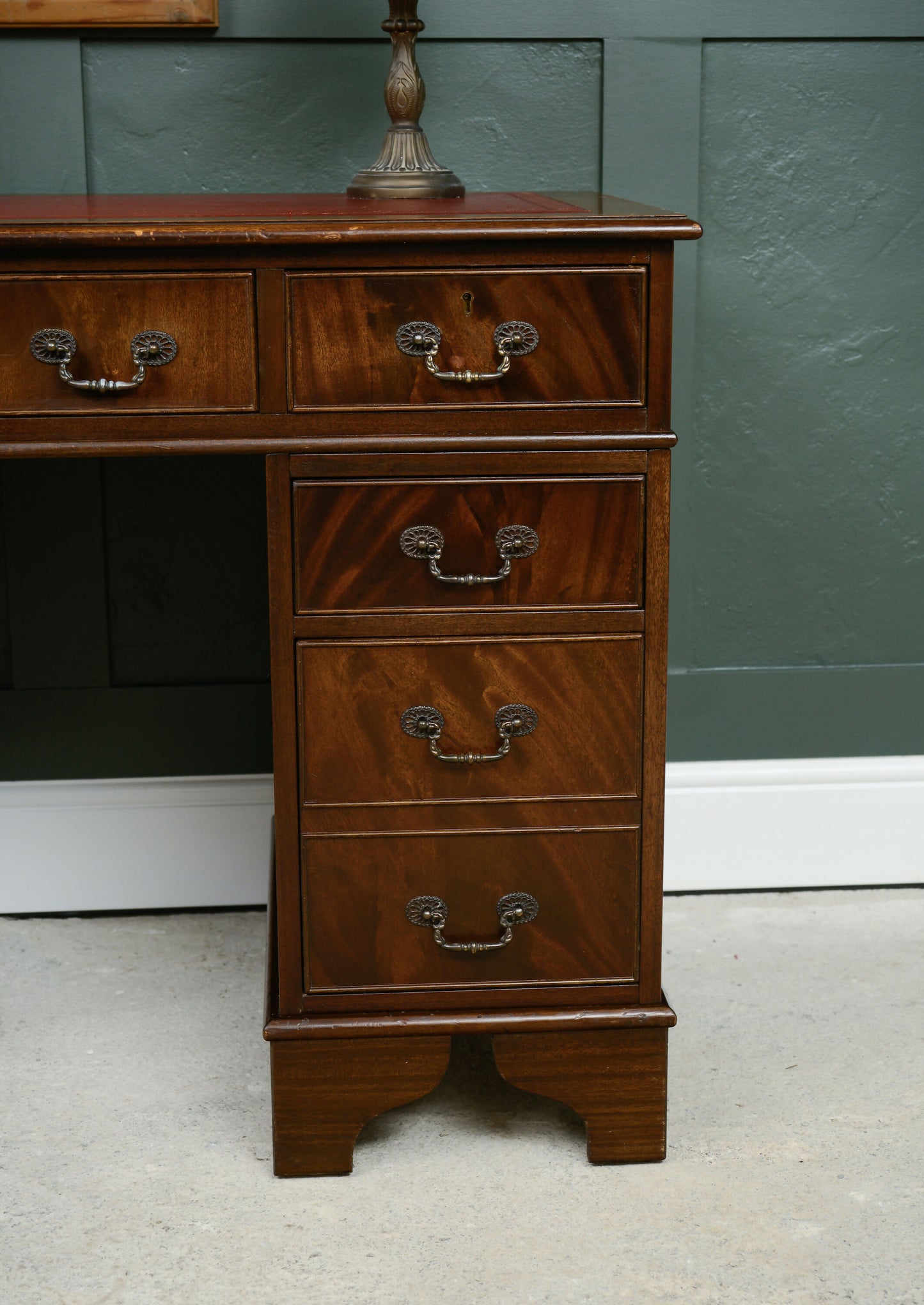 Antique Style Mahogany Pedestal Desk with Red Leather Top