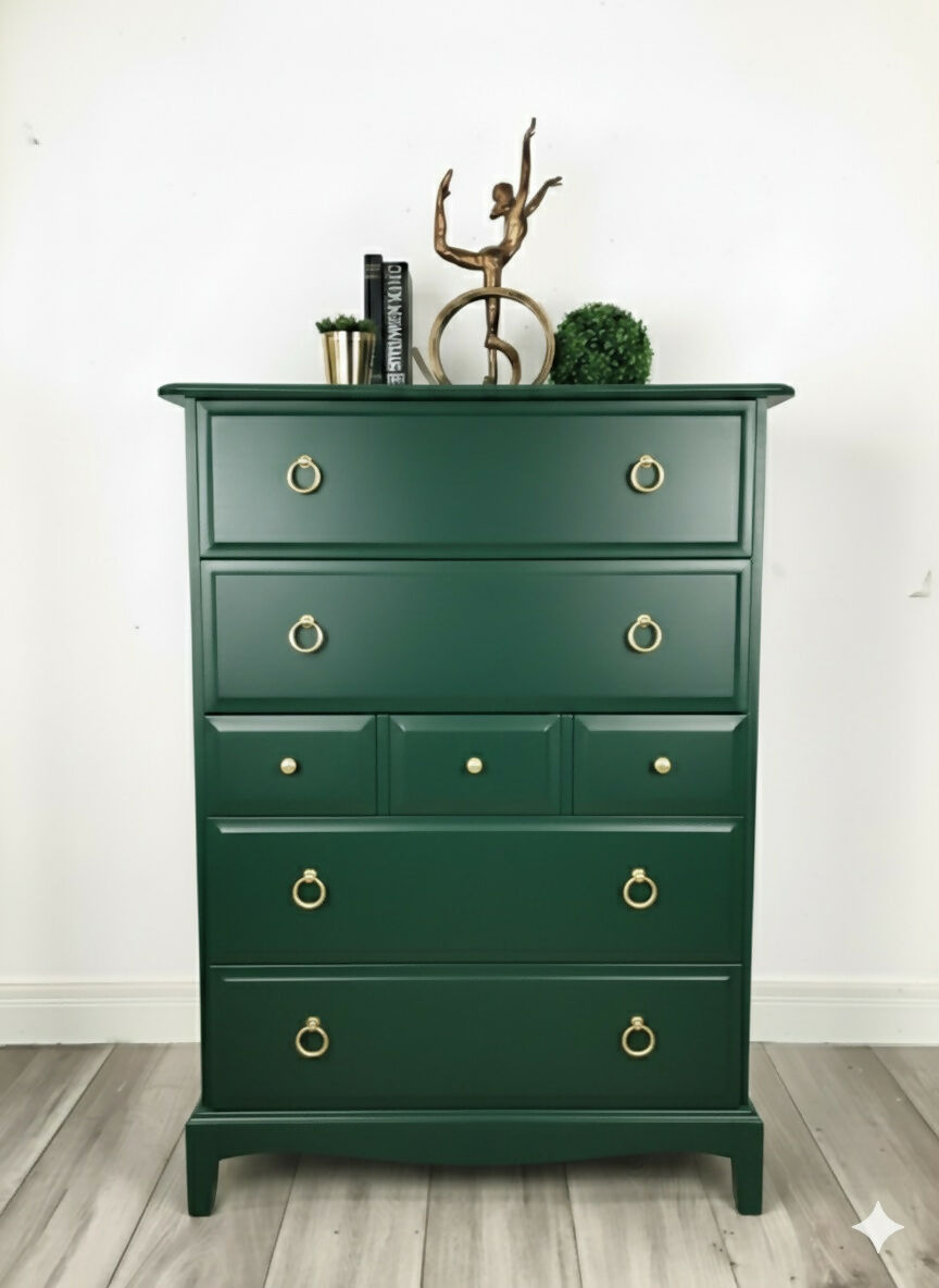 Stag minstrel tallboy chest of drawers in dark green
