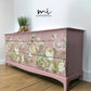 Refinished Stag Minstrel Captains Chest Of Drawers In Dusky Pink With Floral Design, large drawers, sideboard