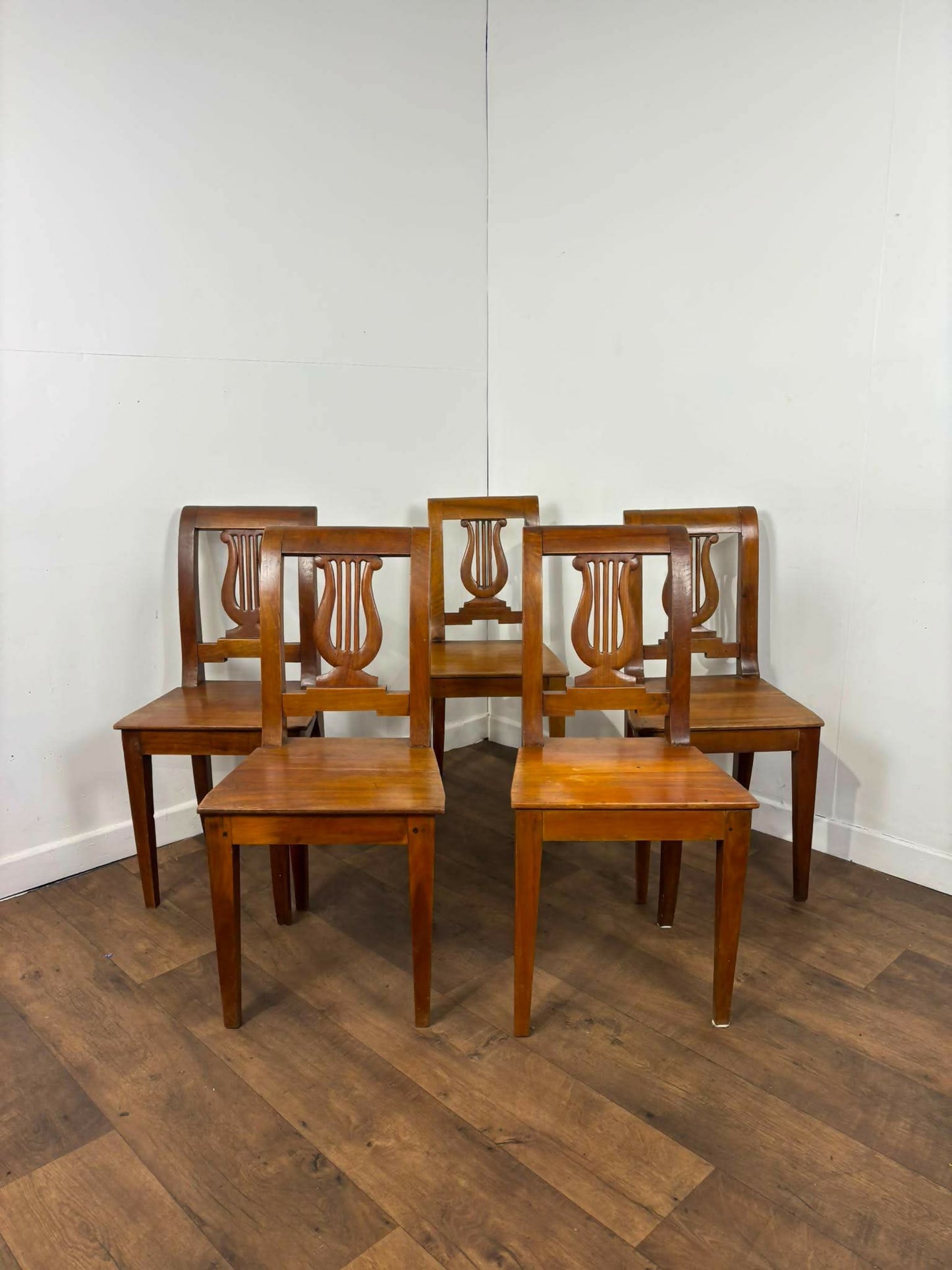 Antique Set of Five Mahogany Lyre Back Dining Chairs