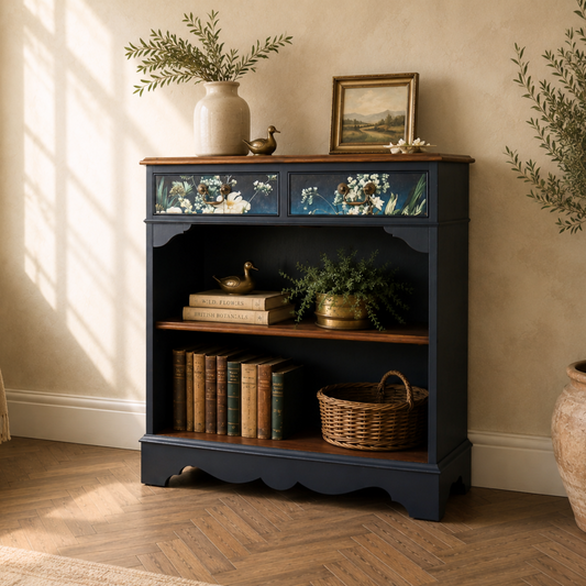Upcycled Vintage Cabinet | Dark Navy Open Display Cabinet | Hand Painted Floral Furniture | Console Shelf