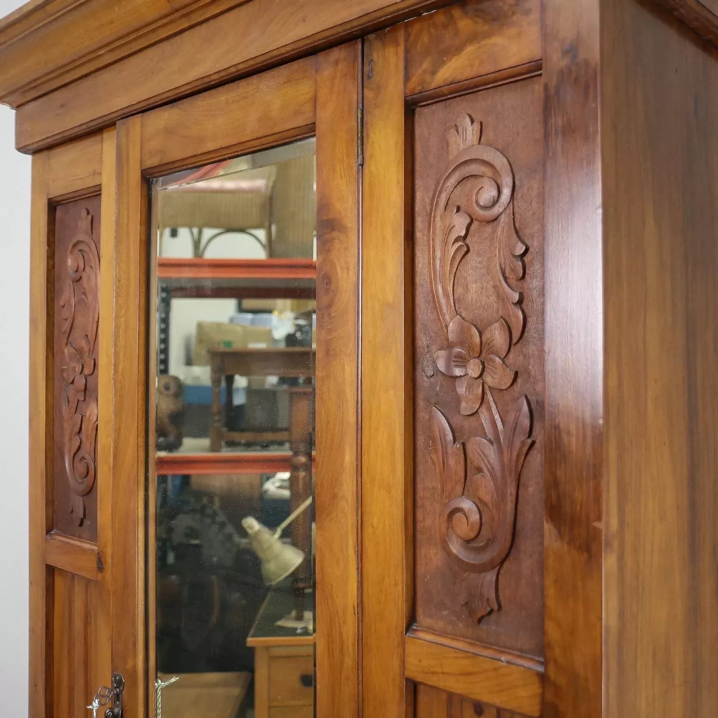 Edwardian Walnut and Carved Mahogany Wardrobe with Bevel Edged Mirrors & Drawer