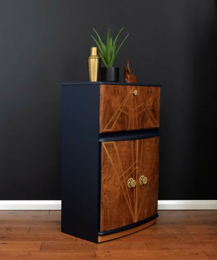 "Diamonte' Burr Walnut Cocktail Cabinet, Vintage 1950 Narrow Drinks Cocktail Cabinet