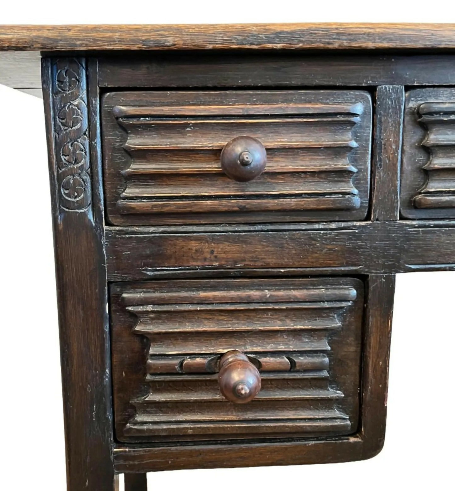 Vintage 1930s Solid Wood Desk 5 Drawer Console Table Carved Front 109cm
