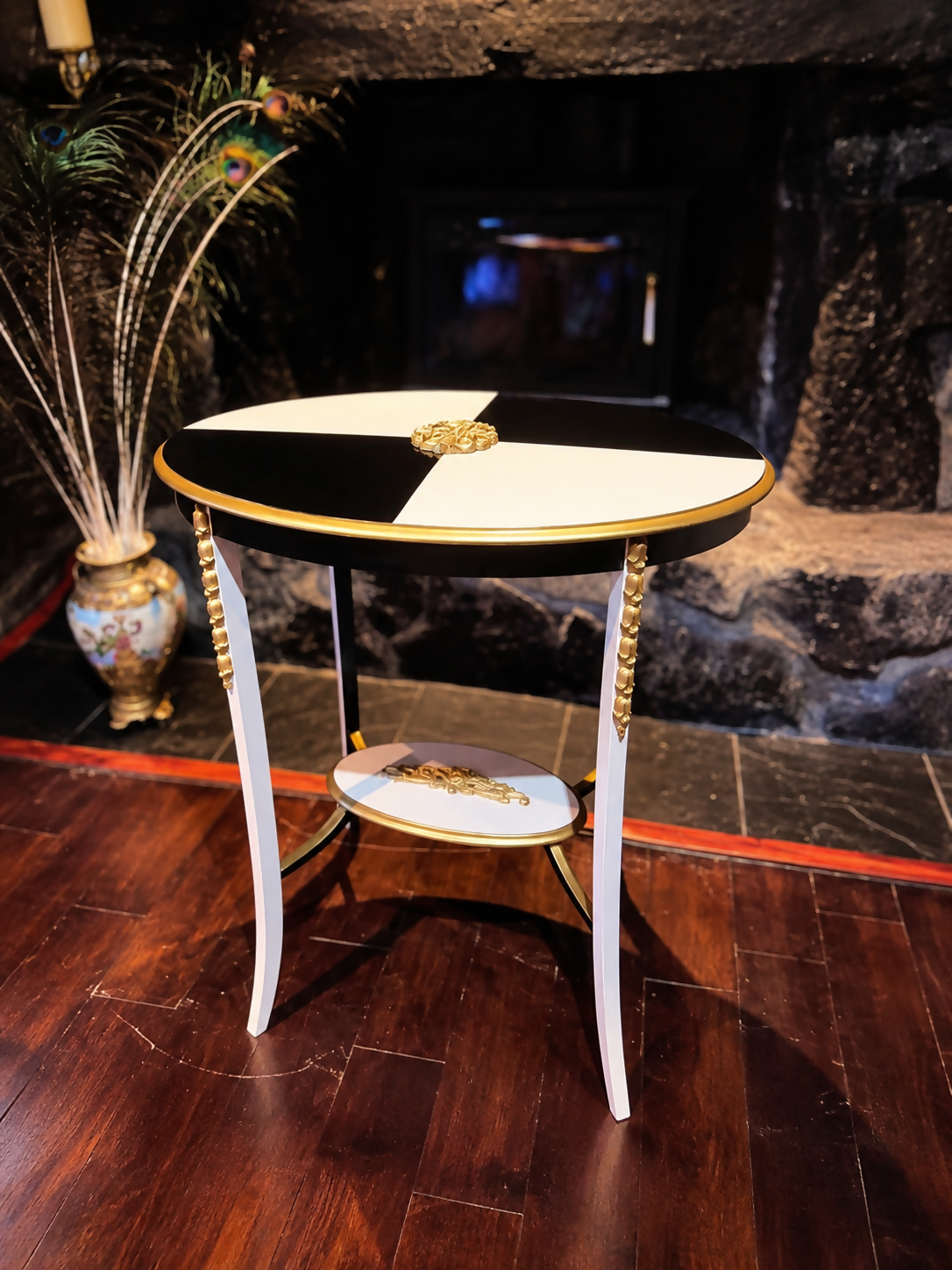 French-Style Oval Side Table - Blush Pink, Black & Gilt Geometric Design