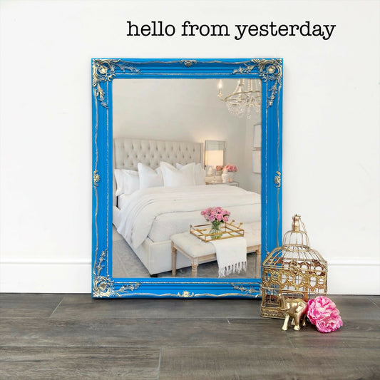 Vintage Bright Blue Mirror with gold trim