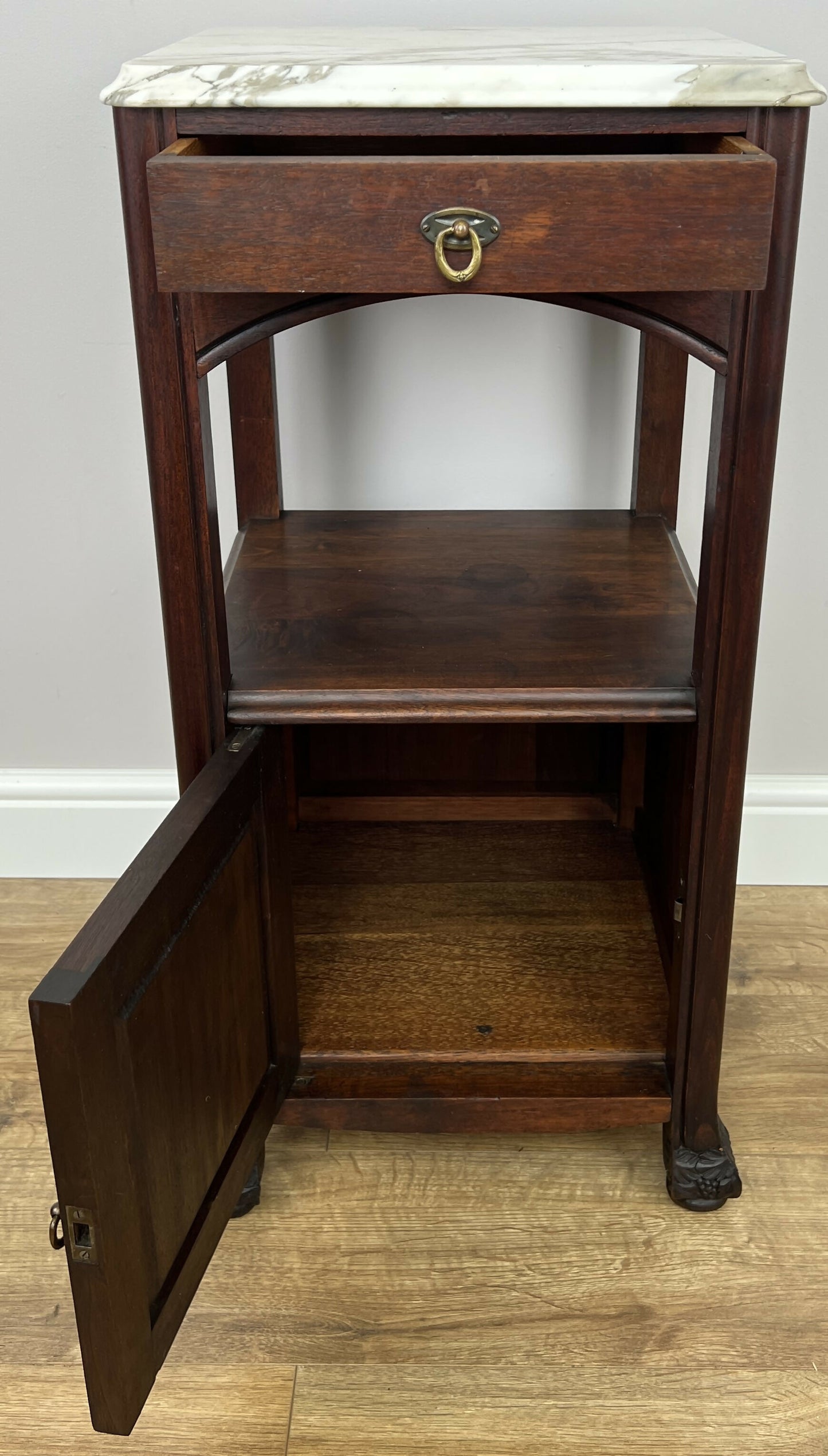 Bedside Table Antique French Style Marble Top Walnut Cabinet Nightstand LOT 6239