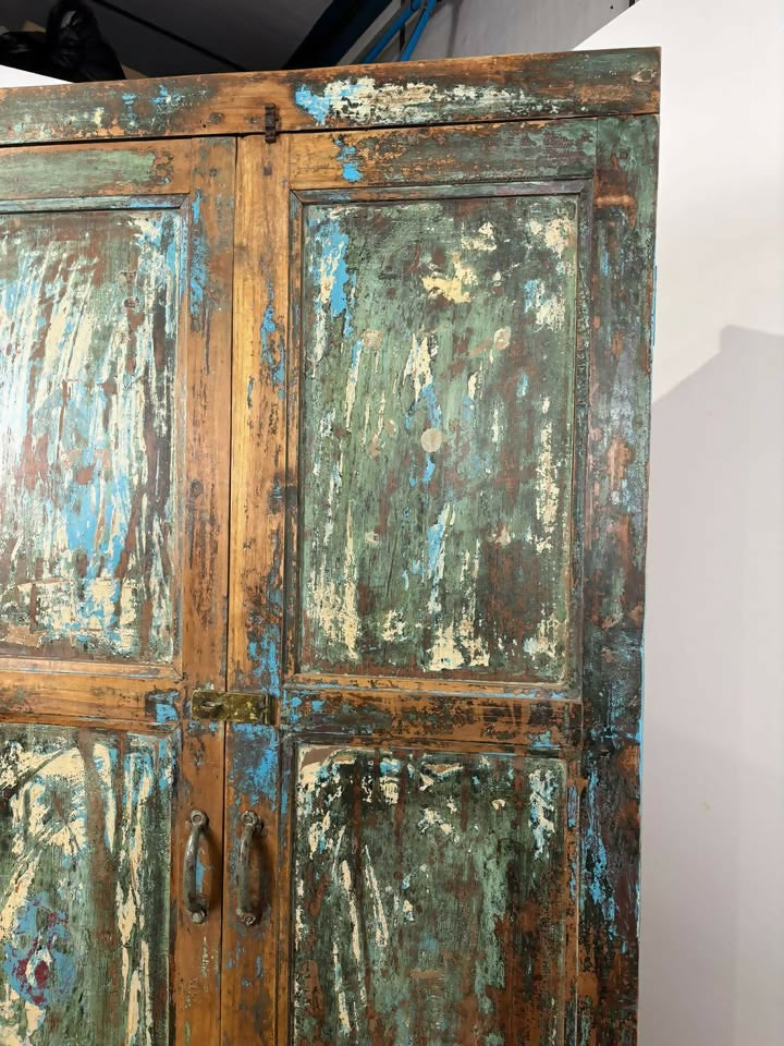 Large Vintage Rustic Indian Triple Door Cupboard in Distressed Blue