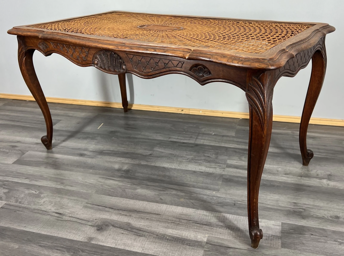 Coffee Table Vintage French Louis XV Cane Top Oak Carved Table LOT 3861