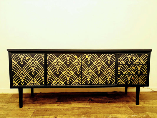 Vintage Midcentury Teak Sideboard: Navy & Gold Art Deco Cabinet