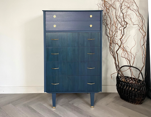 Vintage Limelight Chest of Drawers – Hand-Finished in Custom Blue Teal | Restored Mid-Century Storage | Gold Accents | Unique Bedroom Furniture