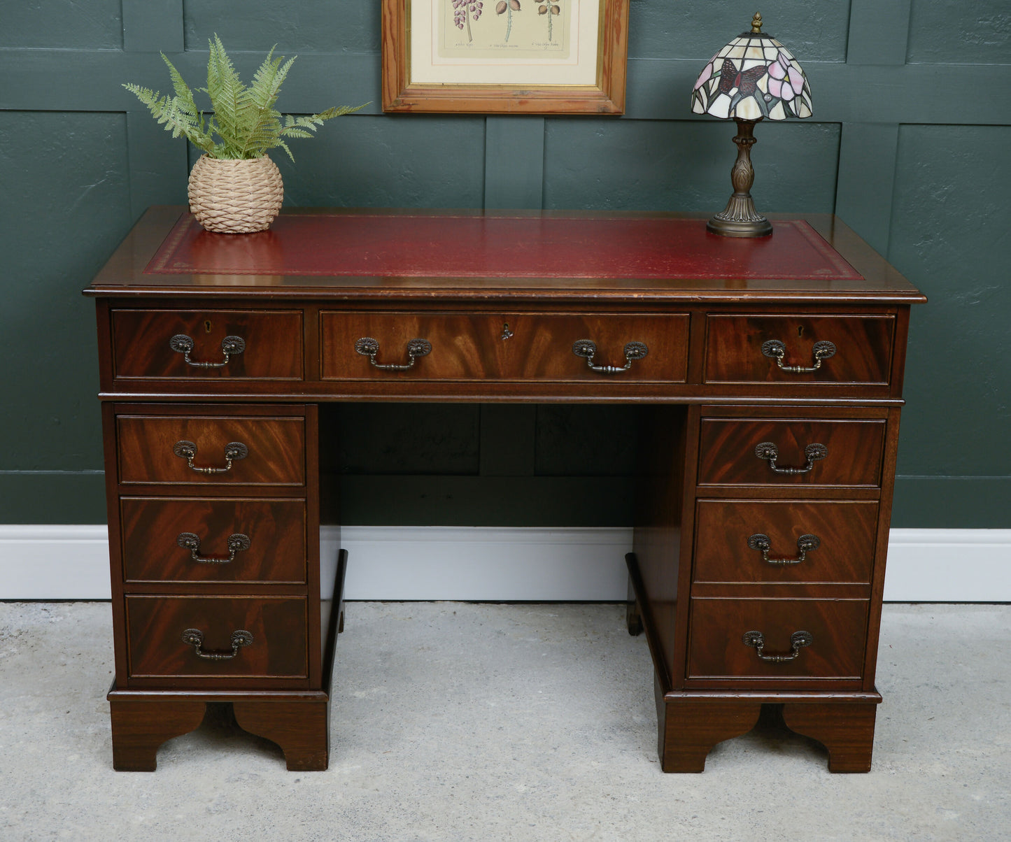 Antique Style Mahogany Pedestal Desk with Red Leather Top