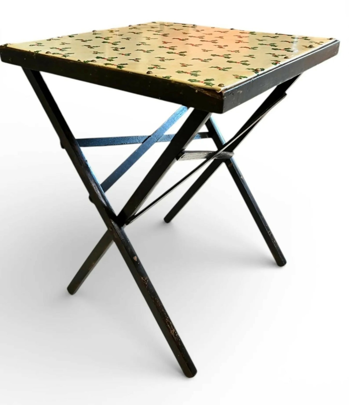 Vintage Folding Table with Holly Pattern | Rustic Wooden Accent Table
