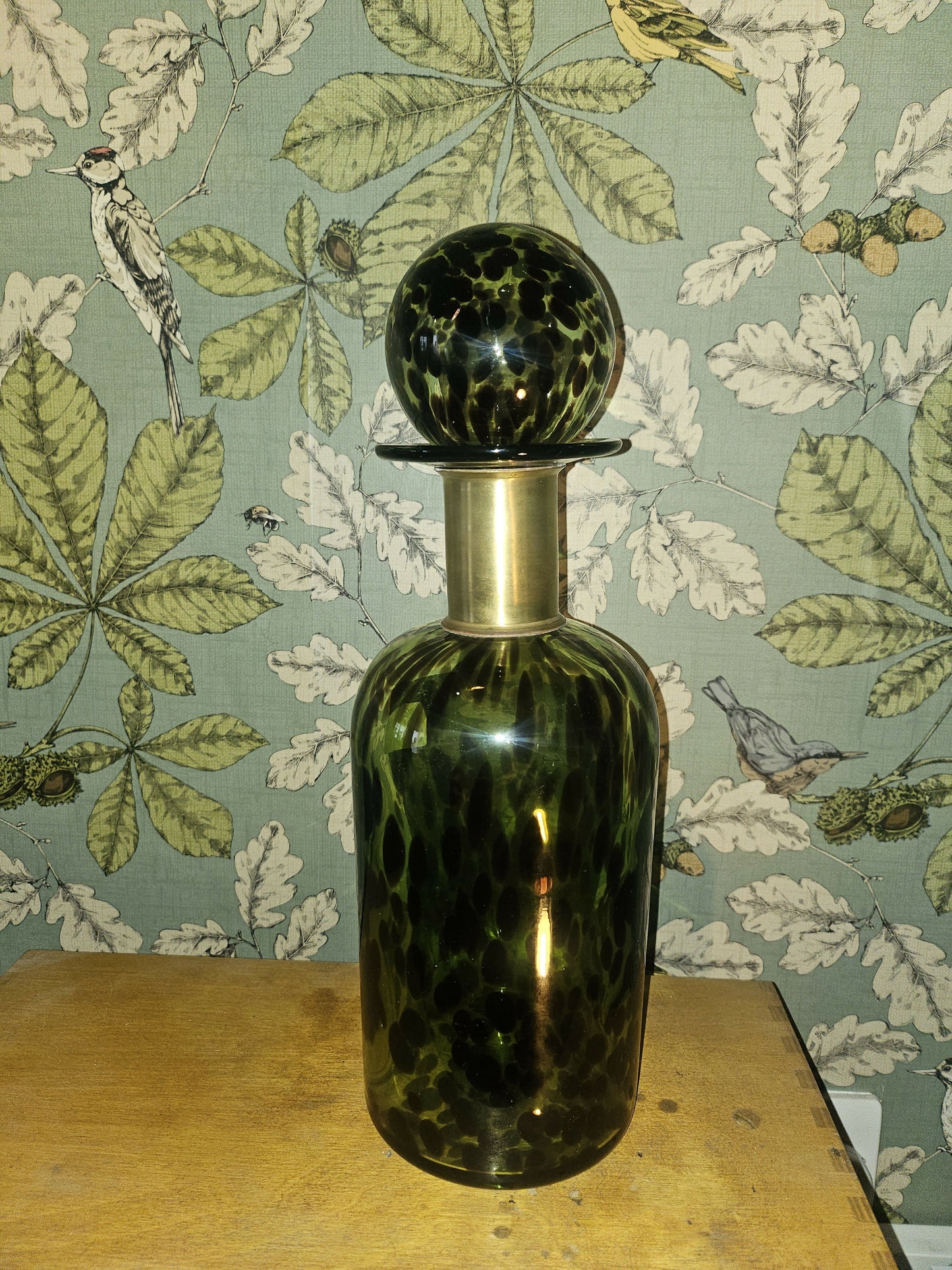 Green Glass Apothecary Bottle with Brass Collar