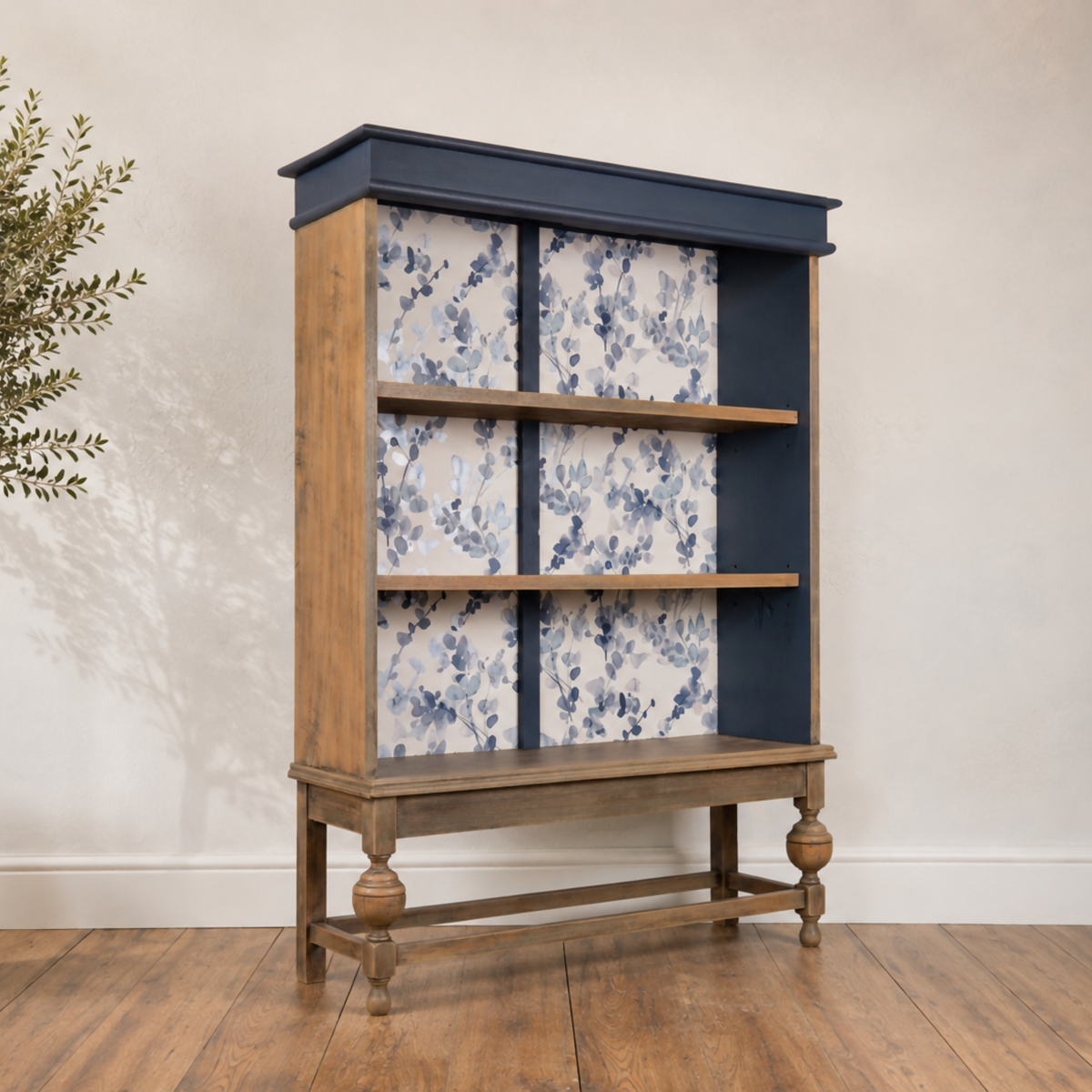 Vintage Open Bookcase | Upcycled Display Cabinet | Blue Botanical Shelving Unit | Hand Painted Furniture