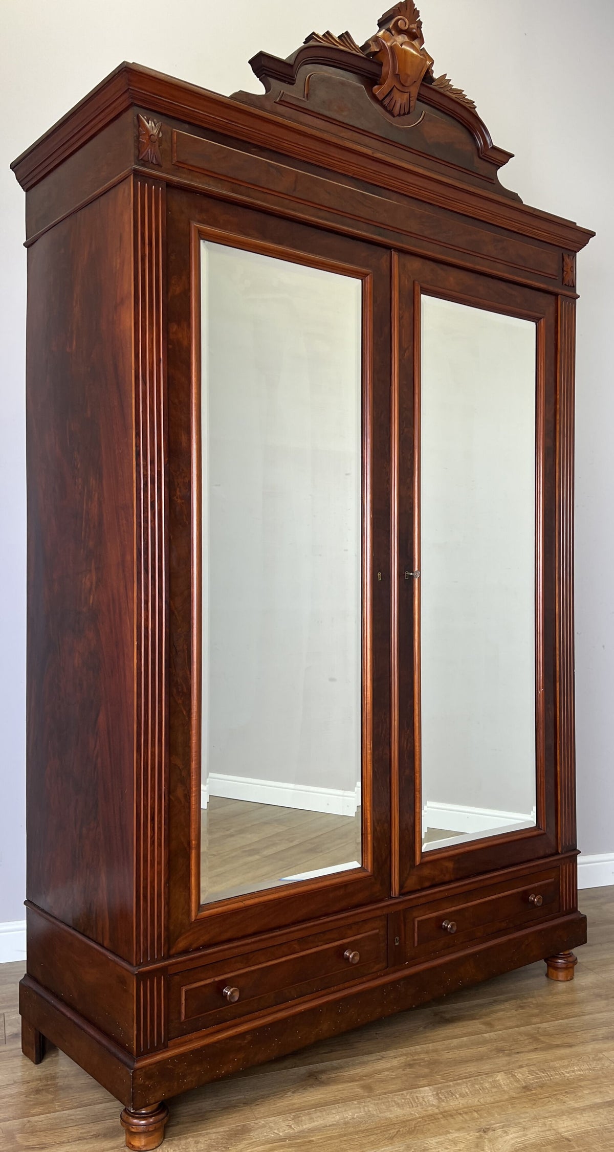 Wardrobe Antique French Style Mahogany Mirrored Two Door Carved Armoire LOT 6543