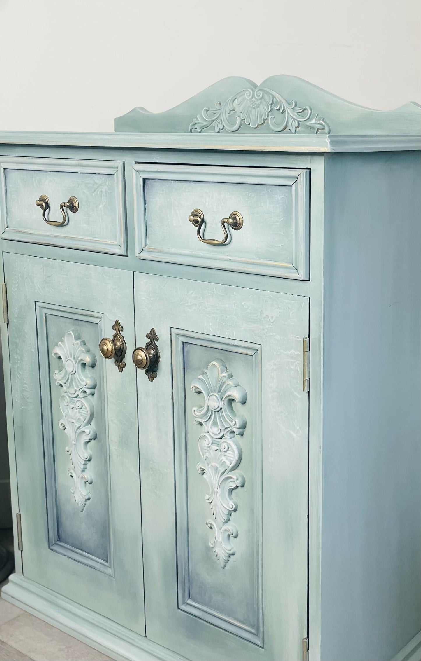 Vintage Solid Pine Cabinet | Hand Painted Duck Egg Blue Cupboard | Floral Decoupage Interior | UK Delivery Included