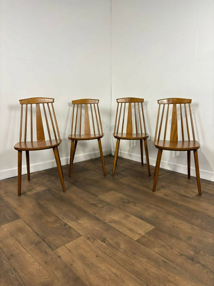 Set of Four Rodanski Mid Century Danish Style Stick-Back Dining Chairs