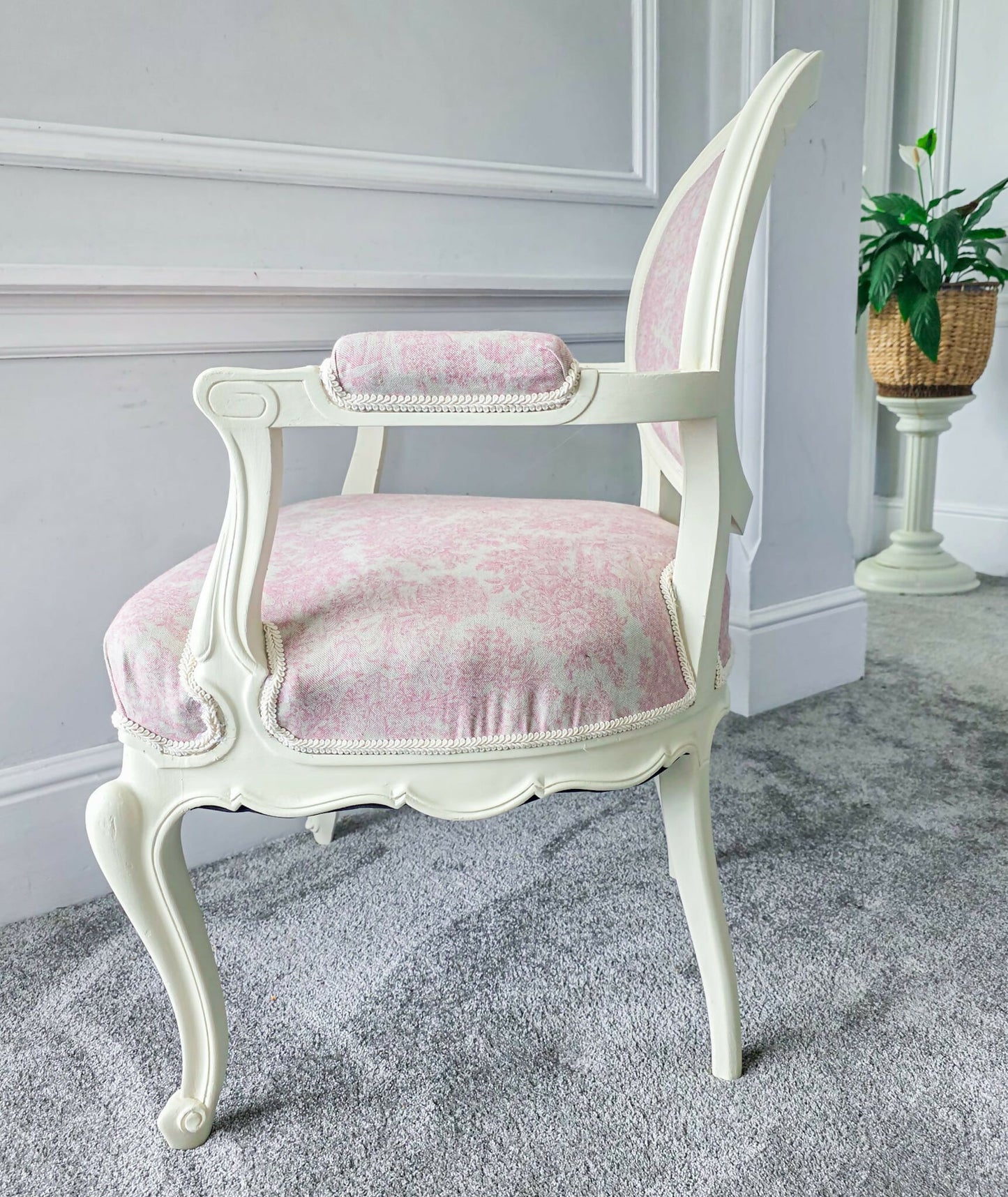 Louis XVl Newly Upholstered Accent Chair, Bergere, Pink Toile Fabric, Cream Painted Frame, Cabriole Legs. Venetian influences.