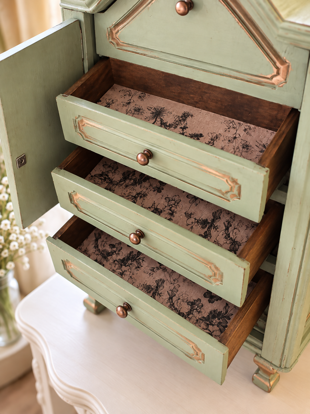 French-Style Miniature Armoire Jewellery Cabinet, Trinket Keepsake Box, Sage Green & Antique Gold