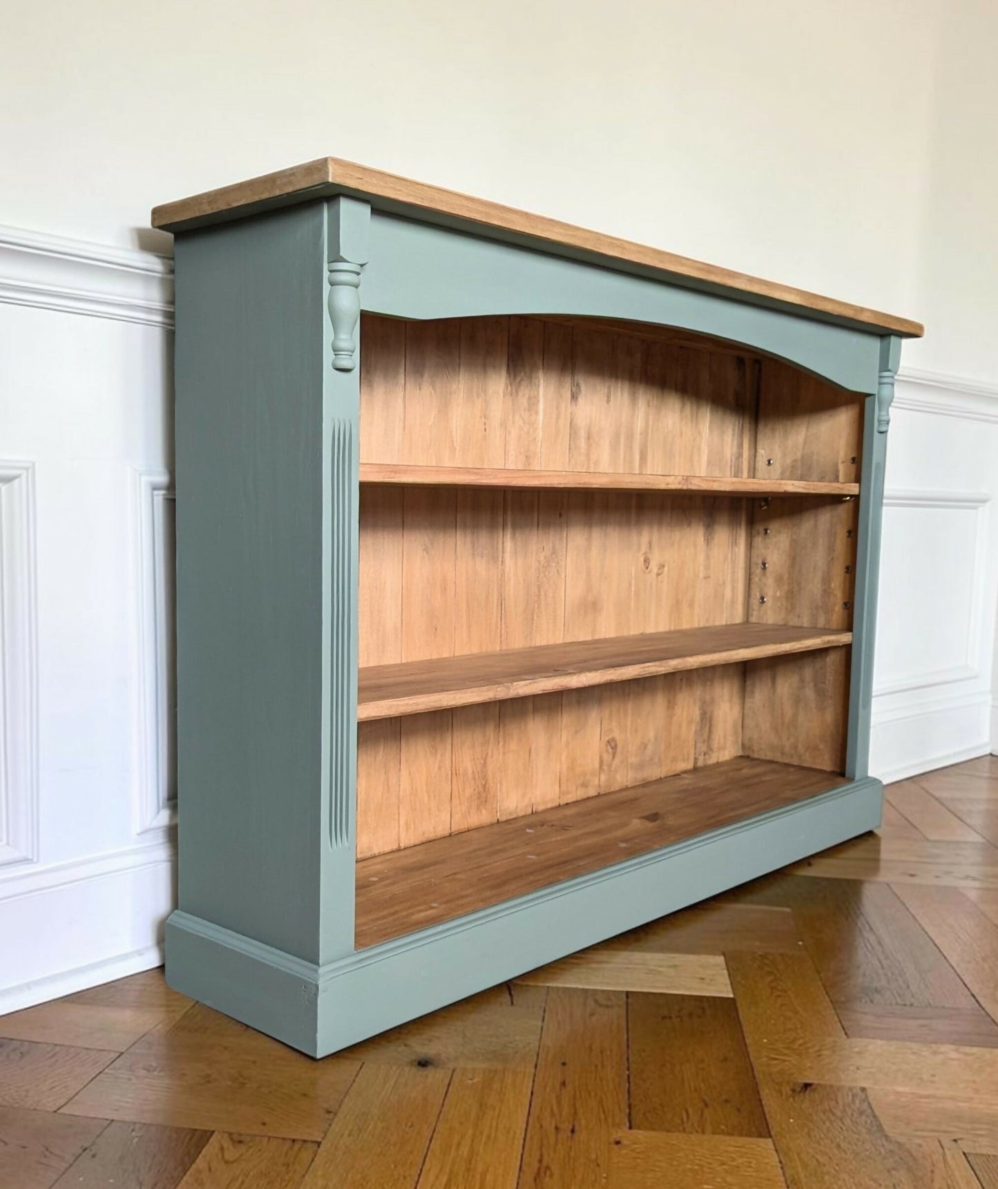 Vintage rustic solid pine green bookcase